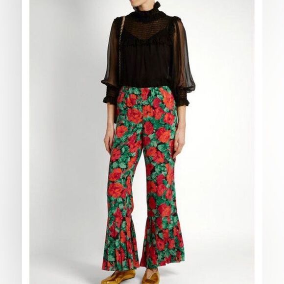 1600.00 NWT GUCCI Silk  Printed red roses Kick pleated Wide Leg Pants 40 - Picture 3 of 7